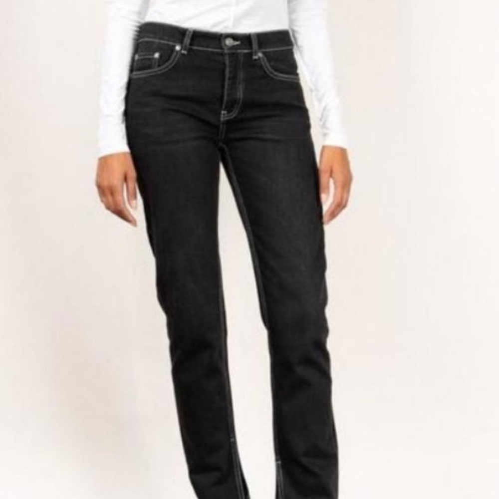 GANNI Denim Slit Pants Jeans Straight Leg Black Wash Raw Hem Size 25 B